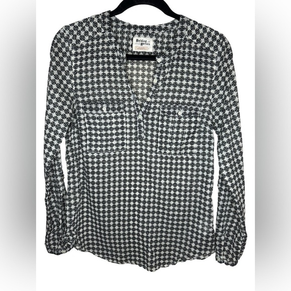 Anthropologie Holding Horses Popover Button Down Shirt Size 4 Black and White - Picture 1 of 10